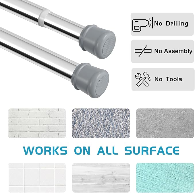 No Sectional Assembly Tension Curtain Rod 56-104 Inch | 1" Diameter Spring Long Adjustable Shower Curtain Rods for Bathroom Windows Closet No Drilling No Rust, Silver
