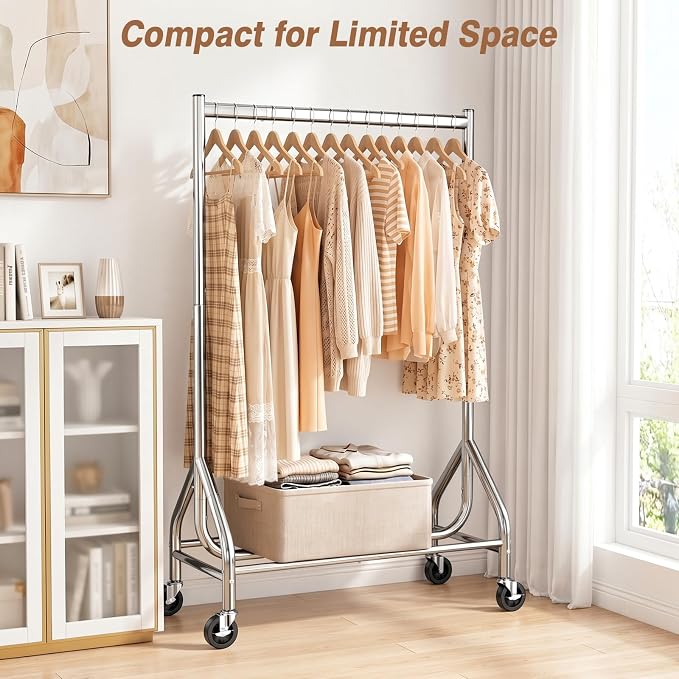 EAGMAK Heavy Duty Clothes Rack Load 268 LBS, 31.5 inch Hanging Rod, Silver | Metal Frame, Stable Base, Compact Size, Rolling Smooth, For Bedroom Closet Entryway Laundry Living Room Home Garage Storage