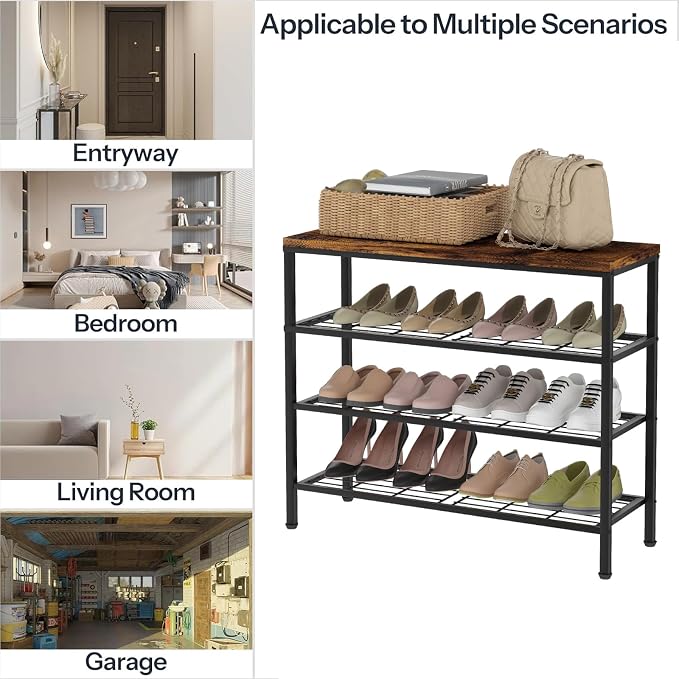 4-Tier Metal Shoe Rack with Wood Top - Durable & Space-Saving Shoe Organizer,Industrial Shoe Organizer Shelf Bench Storagefor Closet Entryway, Bedroom & Hallway - Bronze+Black 28.5 W × 25.5" H