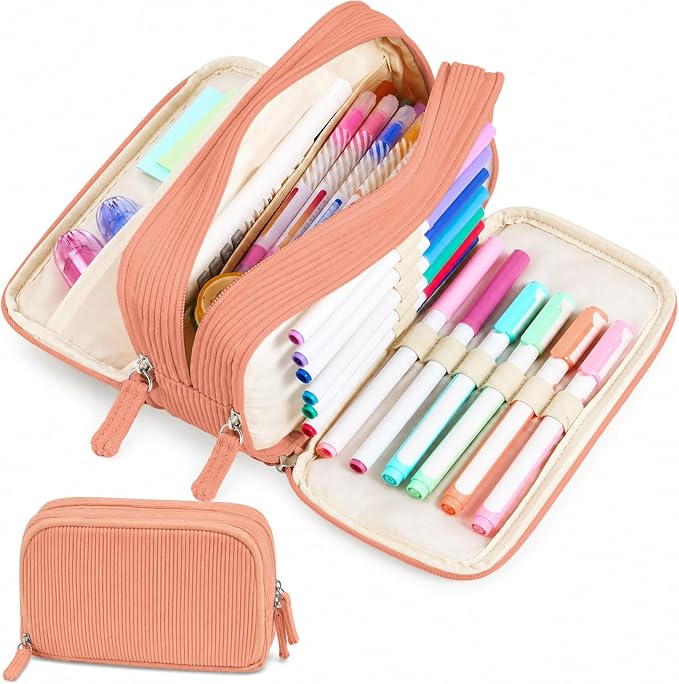 Sooez Big Capacity Pencil Case Pen Pouch, Soft Corduroy Pencil Bag with 3 Compartment, Multiple Pockets, Sturdy Zipper, Cute School Supplies Pen Bag Organizer For Teen Girls College-Orange