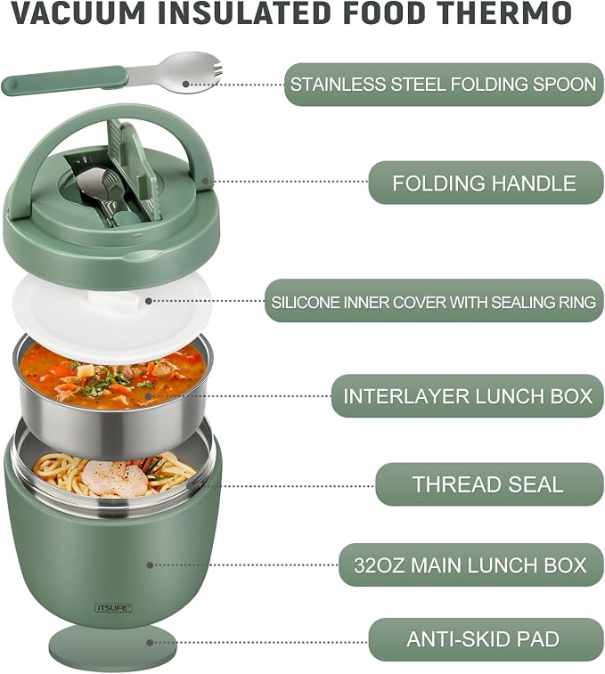 Itslife 32oz Insulated Soup Thermo, Vacuum Stainless Steel Food Jar for Hot & Cold Food, Leakproof Wide Mouth Lunch Container with Spoon, Green
