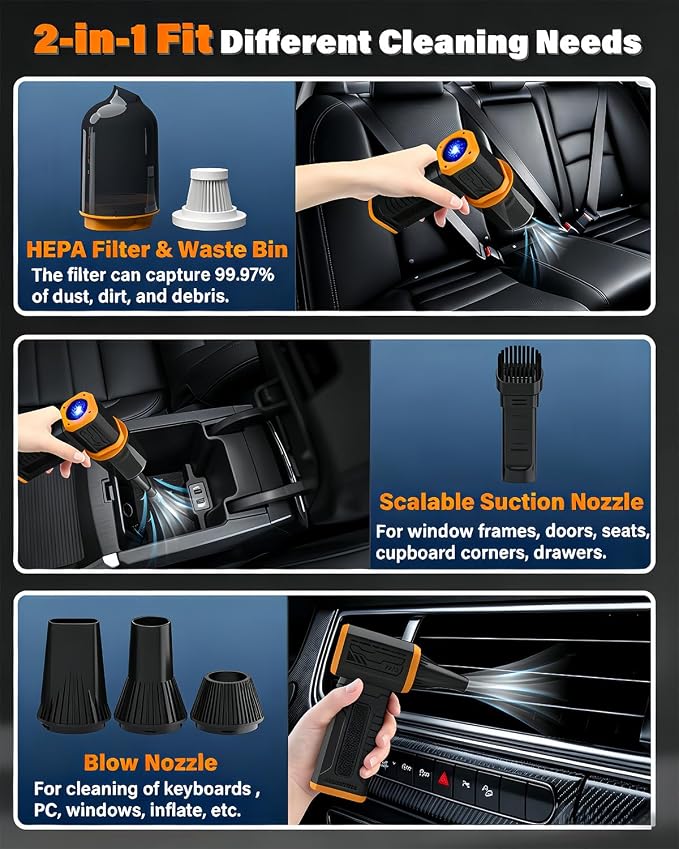 FT08 Compressed Air Duster, 1-10 Stepless Speed Adjustable | Powerful Electric Dust Blower with Display , 130000RPM Brushless Motor, Jet Fan for Keyboard PC Car Outdoor, Black, 2-in-1