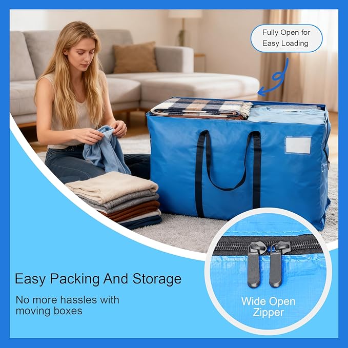 2 Pack Heavy Duty Moving Bags with Backpack Straps & Handles, Large Storage Bags with Zipper for Clothes, College Moving Supplies and Dorm Essentials (24 Gal, Blue)