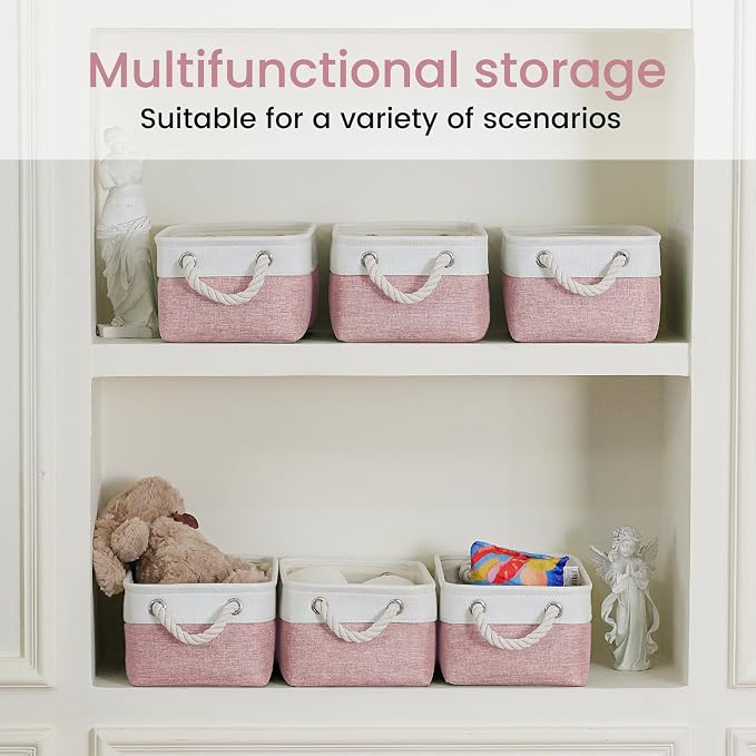 Storage Baskets for Shelves 11.8x7.9x5.2 Inch, Foldable Fabric Storage Bins with Handles, Small Storage Baskets for Organizing Closet, Office, Home Organization (1-Pack, White&Pink)