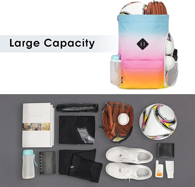 WANDF Drawstring Backpack with Shoe Compartment, Sports Gym Bag | Multi-Pocket Storage, Water-Resistant Fabric, Cinch String Bag