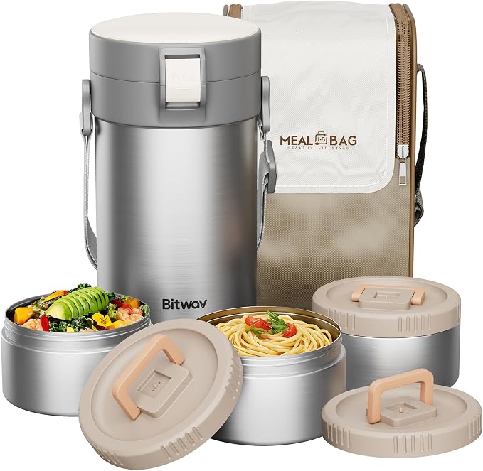 77oz Stainless Steel Insulated Food Jar, 3 Tier Stackable Bento Lunch Box, Vacuum Thermal Food Container for Hot Food, Soup Thermos with Insulated Bag for Work, Travel, Outdoor (77 oz Silver)