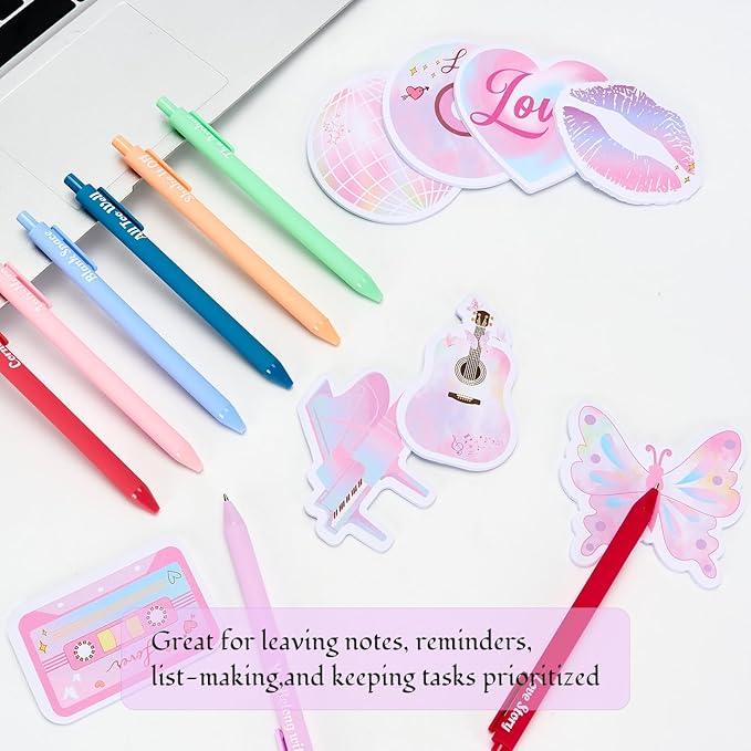 12 Set Singer Sticky Notes with Cute Music-Inspired Gel Pens, Era’s Singer Self Stick Notes Memo Pads for Home School Birthday Party Favors Gifts Office Supplies for Music Fans