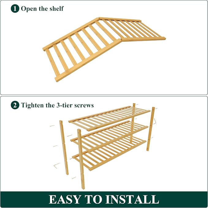 Smiry Bamboo Shoe Rack for Closet, 3 Tier Long Wooden Shoe Organizer, Stackable Wood Shoe Storage Shelf for Entryway, 14 Vertical Slats, One-piece Heavy-Duty Legs, 33.86"x11.02"x18.31", Natural