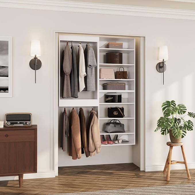 ROOMTEC Modular Closet System, 46" Wall-Mounted Closet Organizer with Hanging Rods and Shelves, Wooden Tower for Walk-In Closets, Wardrobe Storage Kit, White