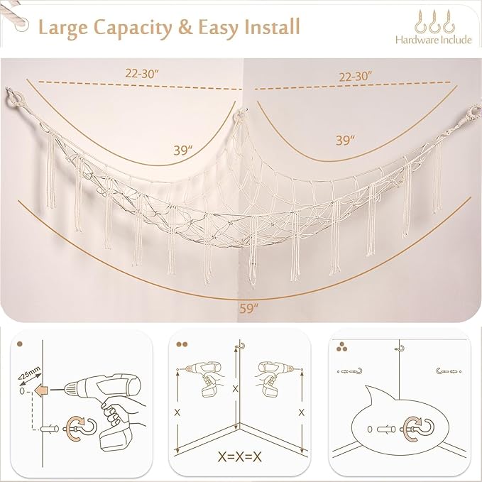 YKBU Stuffed Animals Hammock Corner Hanging Net Macrame Stuffed Animal Storage Plush Toy Holder Toy Organizer for Boho Nursery Playroom Bedroom Kids Room (cream, M)
