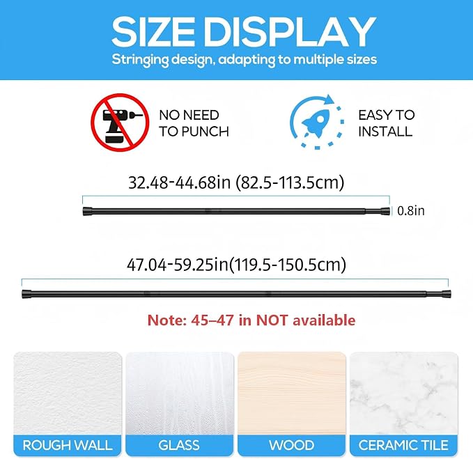 2 Pack Spring Tension Rods 33-59 Inches, 5/8 Inch Diameter Black No Drill Spring Loaded Adjustable Extendable, Small Short Tension Curtain Rod for Windows Kitchen Doorway Closet Cupboard