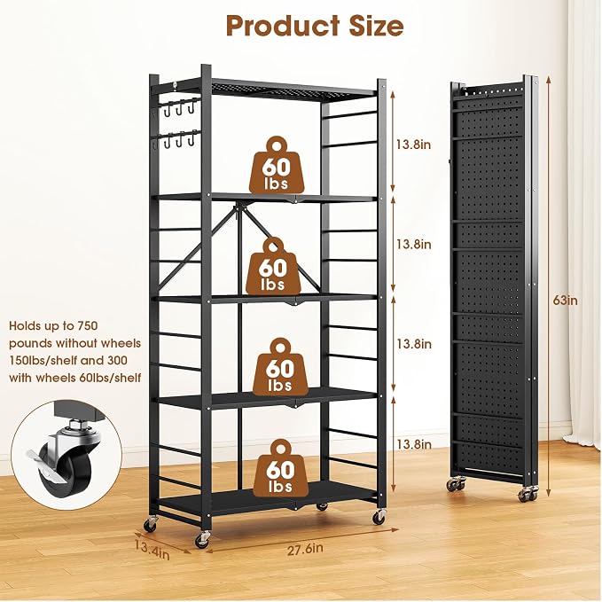 Fenbeli 5 Tier Folding Storage Shelf with Wheels – Heavy Duty Metal Organizer Rack, No Assembly Collapsible Utility Shelving Unit for Garage, Kitchen, Pantry, Basement, Office (Black-A, 5 Tier)