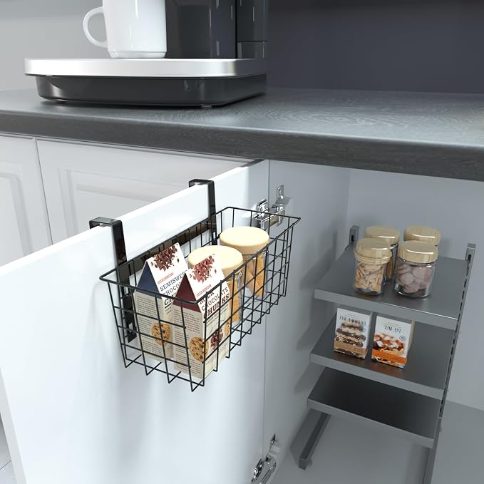 MaraFansie Hanging Kitchen Baskets Wire Storage Basket Over the Cabinet Door Organizer, No Drilling Adhesive Basket for Cabinet Pantry Organization and Kitchen, Bathroom, Storage Black, 2 Pack(New)