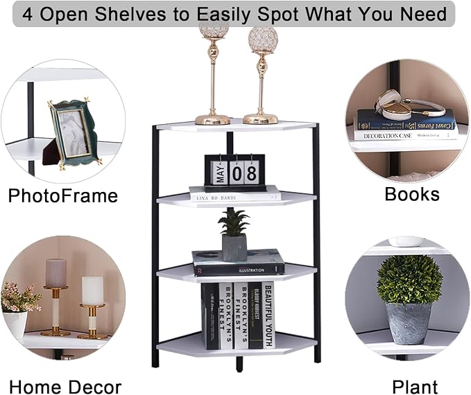 VECELO 31 Inch Corner Shelf, 4-Tier Display Shelves, Wood Storage Stand with Metal Frame, Multipurpose Shelving Unit for Small Space, Home Office, White