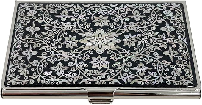 Mother of Pearl Business Card Case Credit Id Name Holder Travel Wallet Art Painting Design Metal Stainless Steel Engraved Slim Purse Pocket Cash Money Wallet (Arabesque)