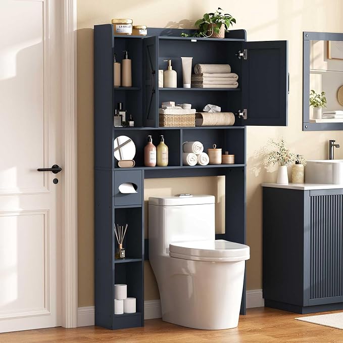 Vabches Over The Toilet Storage Cabinet with 2 Barn Doors, Blue | Farmhouse Storage Cabinet with Toilet Paper Holder Stand，Home Space-Saving Toilet Rack, for Bathroom, Restroom, Laundry