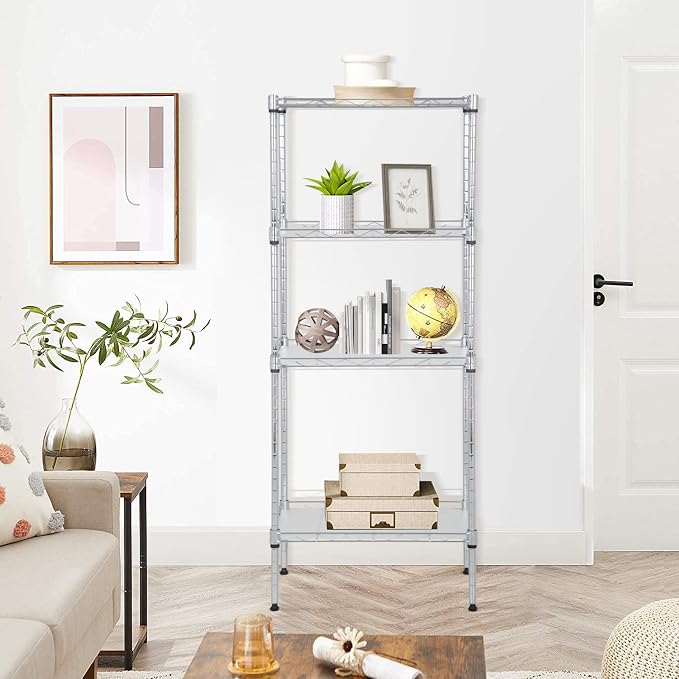 4-Tier Shelving Unit 44" H x 18L x 12D Storage Shelves with Wire Shelf Liners Adjustable Small Closet Shelves Metal Shelf Rack for Storage Kitchen Pantry Laundry, 600Lb Capacity, Chrome