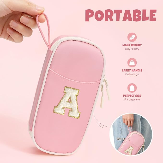SUNEE Cute Pencil Case, Kawaii Big Capacity Pencil Pouch, Personalized Initial Pencil Bag with Zipper, Stationery Storage and Organizer, Back to School Supplies, Pen Box for Girls & Boys, Teen, A-Pink