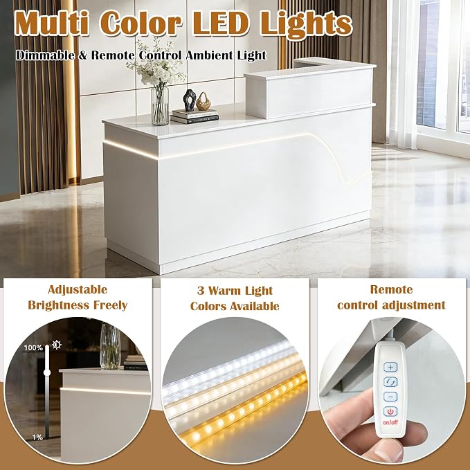 L-Shaped Reception Desk, Modern White High Gloss Front Desk with LED Lights, Lockable Drawer & Storage Cabinet, Keyboard Tray & Cable Management for Office, Beauty Salon & Retail Store