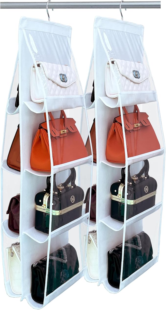 purse organizer, 2 Pack,purse organizer for closet, Upgrade Larger8 Pockets, hand bag storage organizer, thicken Metal Hooks, bag organizer, purse hanger，White