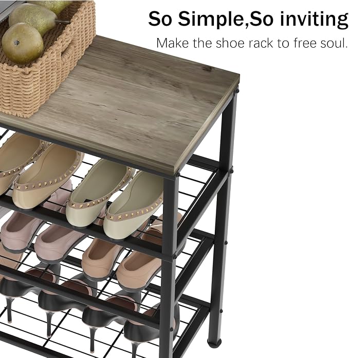 4-Tier Metal Shoe Rack with Wood Top - Durable & Space-Saving Shoe Organizer,Industrial Shoe Organizer Shelf Bench Storagefor Closet Entryway, Bedroom & Hallway - Gray + Black 28.5 W × 25.5" H