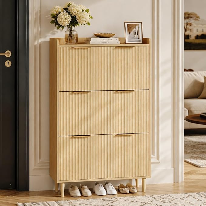 VINGLI Fluted Shoe Storage Cabinet for Entryway with 3 Flip Drawers, Narrow Shoe Organizer with Fluted Panel, Freestanding Wood Hidden Shoe Cabinet for Foyer, Hallway (Oak, 3 Flip Drawers)