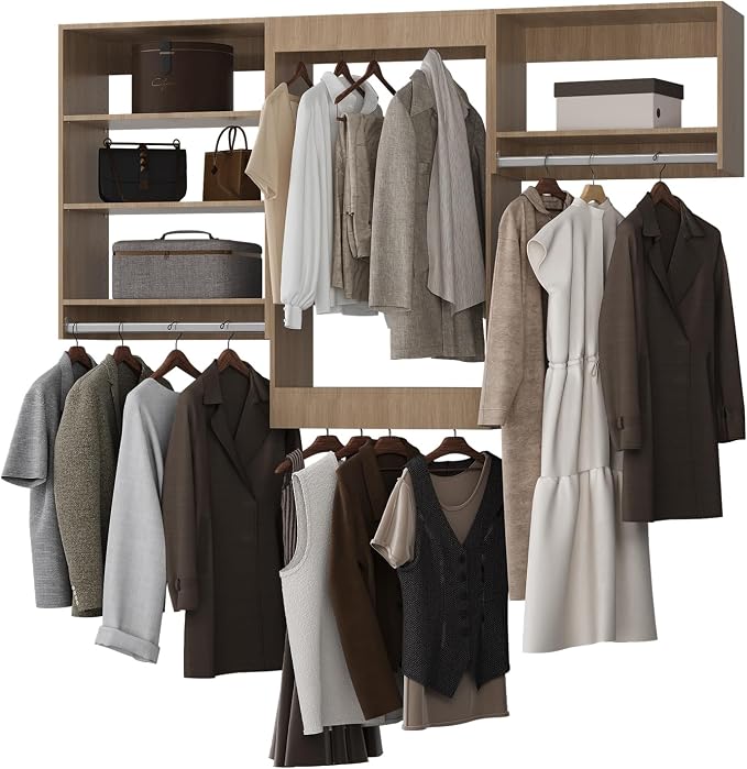 ROOMTEC Modular Closet System, 72" Closet Organizer with Hanging Rods, Wall-Mounted Wooden Tower for Walk-In Closets, Wardrobe Storage Kit, Wood