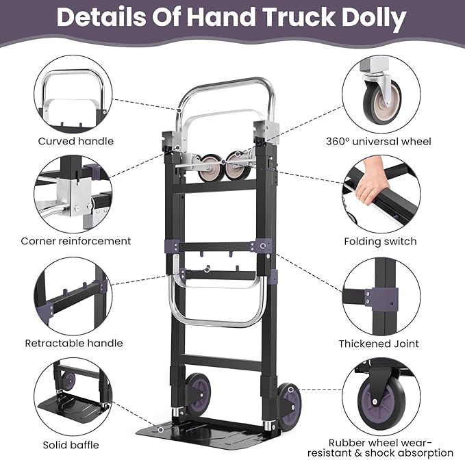 3-in-1 Folding Hand Trucks, 600Lbs Convertible Hand Truck Dolly, Heavy Duty Convertible Dolly with Retractable Handle and 4 Rubber Wheels, Collapsible Cart for Moving Office/Home/Warehous(Black)