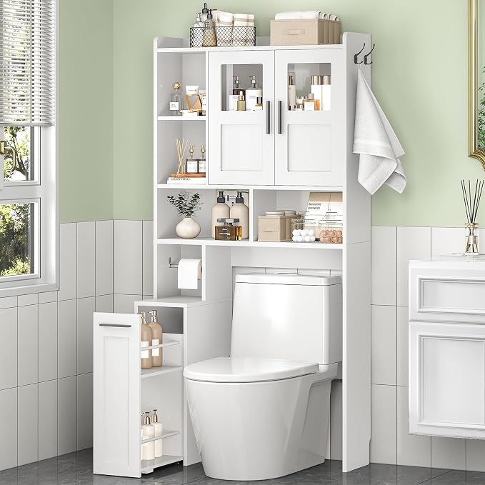 ELYKEN Over The Toilet Storage Cabinet with Pulley Bathroom Storage Cabinet, Home Space-Saving Over Toilet Rack with Glass Doors & Open Adjustable Shelf for Bathroom, Restroom, Laundry, White