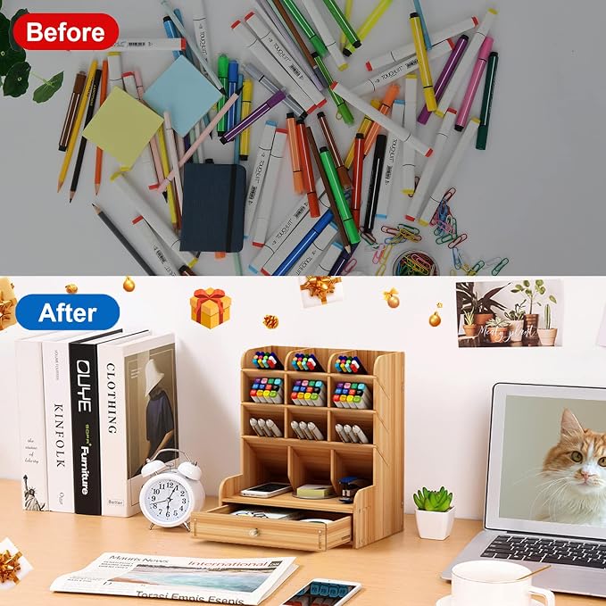 Marbrasse Wooden Desk Organizer, Multi-Functional DIY Pen Holder, Organizer for desk, Desktop Stationary, Easy Assembly, Home Office Art Supplies Storage with Drawer (B11-Cherry Color)