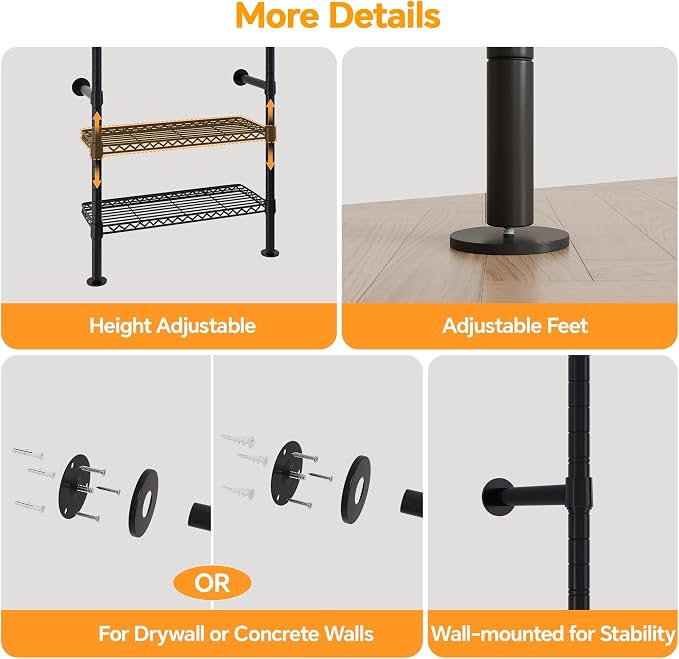Higeego W5 Industrial Clothes Rack, Clothing Rack for Hanging Clothes, Heavy Duty Wall Mounted Closet System Black Expandable Garment Racks, Sturdy Steel Pipe Wardrobe Closet, 1300LBS Load 9' to 12'9"