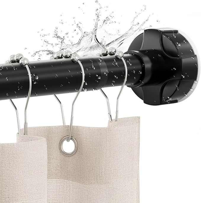 Shower Curtain Rod Tension No Drill Adjustable 48-74 Inch, Black | One-Piece Single Telescopic Rod No Splicing, 1" Diameter Anti-Rust Heavy Duty for Bathroom Window Room Divider Bedroom Closet