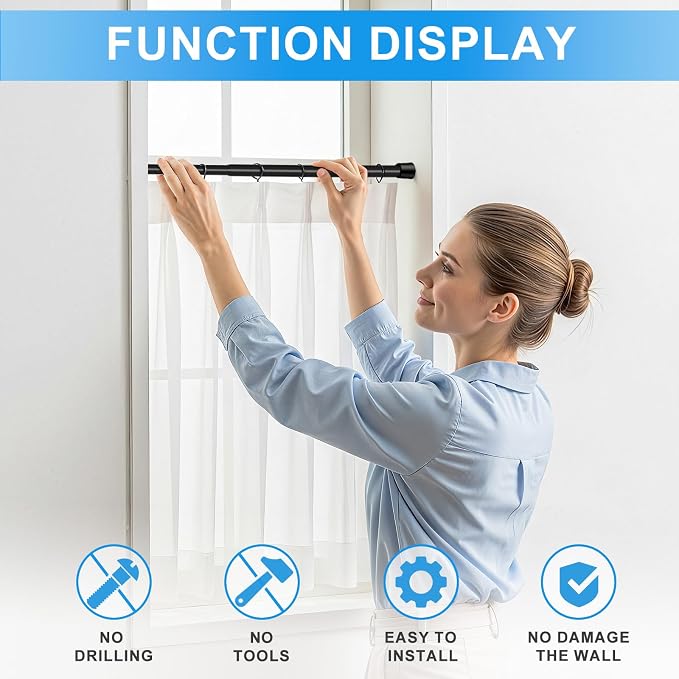 1 Pack Spring Loaded Tension Rod 17-41" Adjustable Curtain Rods No Drill Extendable Spring Rod Tension Curtain Rods For Window Kitchen Shelves Rv Refrigerator And Small Spaces,Black