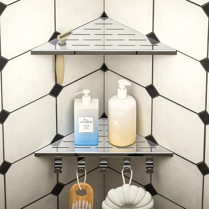 10‘’ Corner Shower Shelf | 304 Stainless Steel Shelves for Bathroom, Grout in Shelf with Hooks for Tiled Wall (Polished)