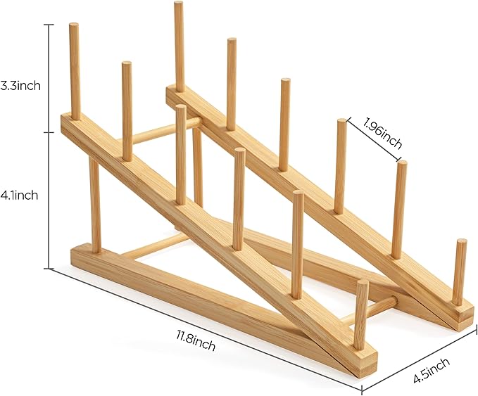 HBlife Step Bamboo Wooden Dish Drying Rack Kitchen Plate Display Stand | Plate/Dish/Book/File/Bowl/Cup/Cutting Board/Pot Lid Organizer, For Home & Kitchen Counter, Office, Display Cabinet
