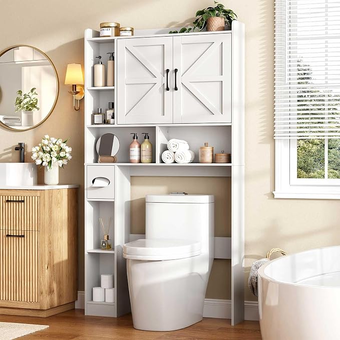 Vabches Over The Toilet Storage Cabinet with 2 Barn Doors, White | Toilet Paper Holder Stand，Home Space-Saving Toilet Rack, for Bathroom, Restroom, Laundry