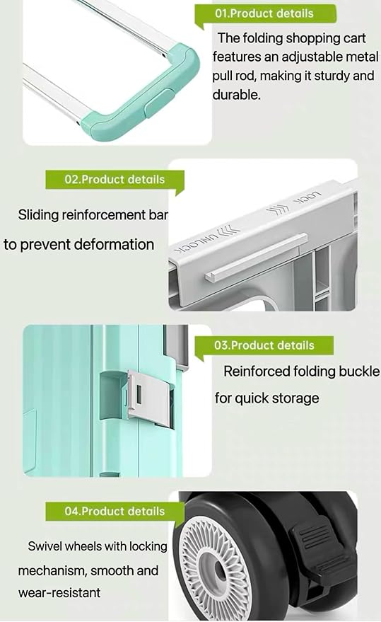 Foldable Rolling Utility Cart with Lid and Telescoping Handle,Collapsible Plastic Storage Crate with 360° Swivel Wheels,Portable Shopping Trolley for Groceries,Travel,Officeand Household Use (Green)