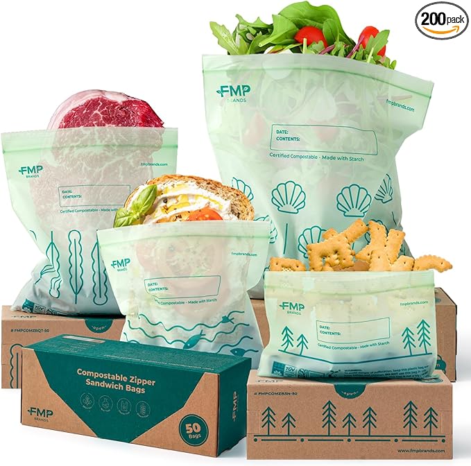 Fit Meal Prep 100% Compostable Food Storage Bags Set, Resealable Bags Plant-Based Freezer Bag for Food, ASTM D6400, US BPI & EU OK Compost Certified