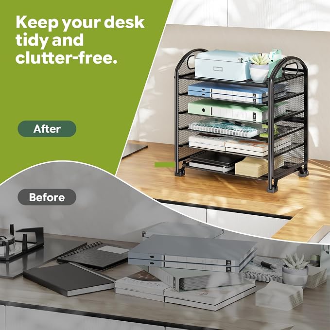 Simple Trending 6-Tier Letter Tray Organizer, Metal Mesh File Holder, Black | Fits Standard Letter-size Papers | Sturdy Metal Mesh | Non-Slip Feet | Easy-grip Handle | Black for Office Home School