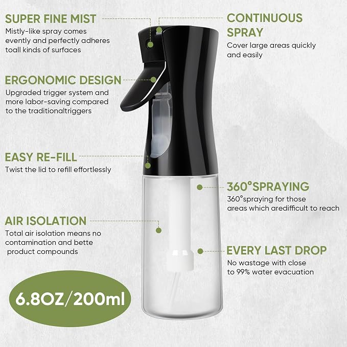 Continuous Spray Bottles (2 pack 6.8 oz/200ml), Ultra Fine Mist Sprayer, Spray Bottle For Hairstyling, Cleaning, Plants, Pets, Barbers, Salons (White & Black | 2 Pack)