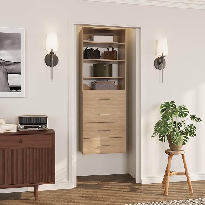 ROOMTEC Modular Closet System, 25.5" 4 Drawer Shelf Closet Tower Wall-Mounted Closet Organizer, Wooden Tower for Walk-In Closets, Wardrobe Storage Kit, Wood