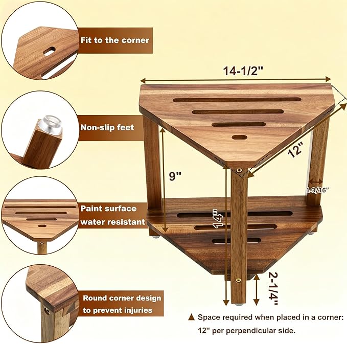 IBosins Corner Shower Stool with Storage Shelf Shower Foot Rest for Shaving Legs Small Bench for Inside Shower to Sit on Bath Seat - Acacia Wood