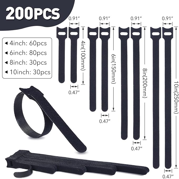 MVYC 200PCS Reusable Cable Ties Wire Ties Cord Organizer Cable Organizer Adjustable Cable Management Black 4+6+8+10 inch