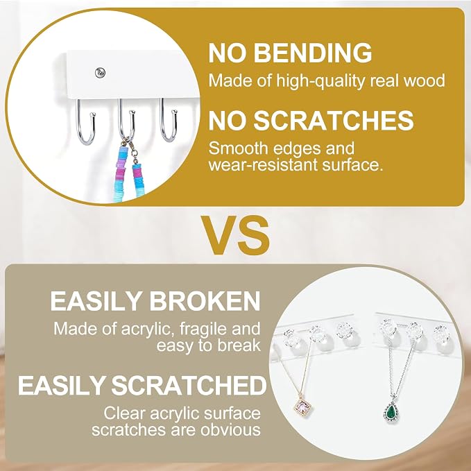 Dntorx Hanging Jewelry Organizer, 2 Pack Necklace Holder for Wall Wooden White Necklace Organizer Hangers Wall Mount with 24 Hooks Jewelry Display Hangers for Necklaces, Bracelets, Earrings, Keys