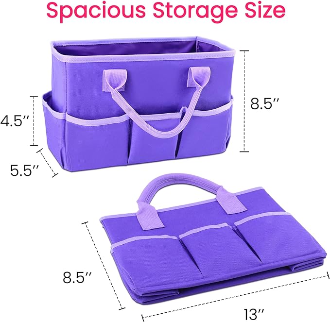Desktop Tote and Organizer, Teacher Helper caddy Bag for Arts, Books, Stationery, Office Desk Organization, Make-up Storage with Handles for Travel (Purple)