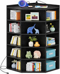 Aheaplus Corner Cabinet, 6-Tier Corner Bookshelf with Power Outlets, Corner Cube Storage Shelf with Top Table, Wooden L Cubby Toy Storage with 15 Cubes for Home Office, Bedroom, Living Room, Black