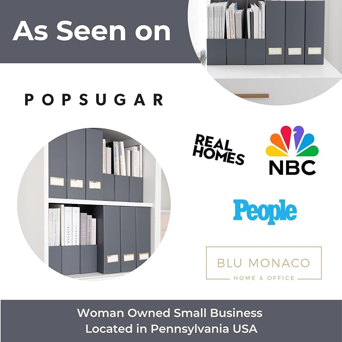 BLU MONACO | Set of 6 Foldable Grey Magazine File Holders with Gold Label Holders | Vertical File Organizer Boxes for Desk, Bookshelf & Home Office Storage