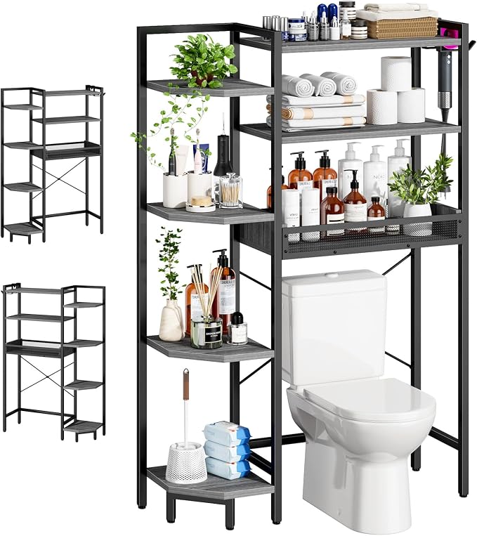 K1 Heavy Duty 7-Tier Over The Toilet Storage（with Basket and Paper Hook） Freestanding Above Toilet Shelf with Adjustable Feet，Space Saver Bathroom Shelves 9.3" D x 33.5" W x 63.8" H，Grey