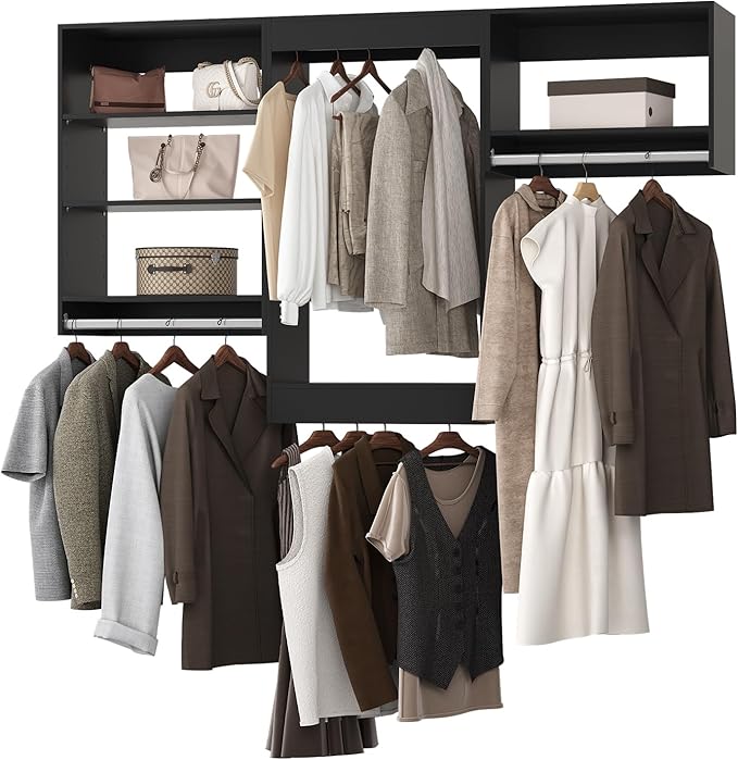 Modular Closet with Wood Tower Storage, 102" Wide Wardrobe Organizer for Walk-in Closets, Wall Mounted Black
