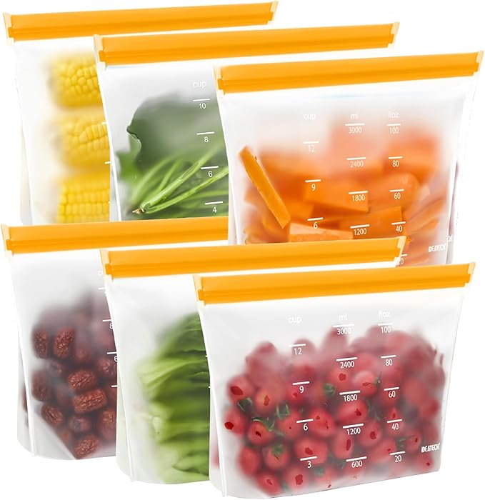 IDEATECH Reusable Gallon Freezer Bags Dishwasher Safe, Leakproof Reusable Gallon Bags Stand Up, Extra Large & BPA Plastic Free Food Storage Containers for Meats, Veggies(6 Pack)